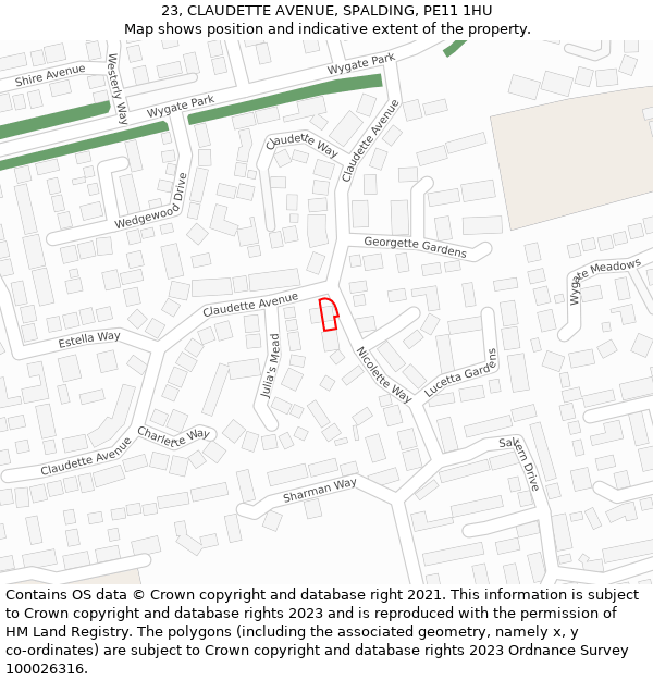 23, CLAUDETTE AVENUE, SPALDING, PE11 1HU: Location map and indicative extent of plot