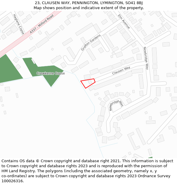 23, CLAUSEN WAY, PENNINGTON, LYMINGTON, SO41 8BJ: Location map and indicative extent of plot