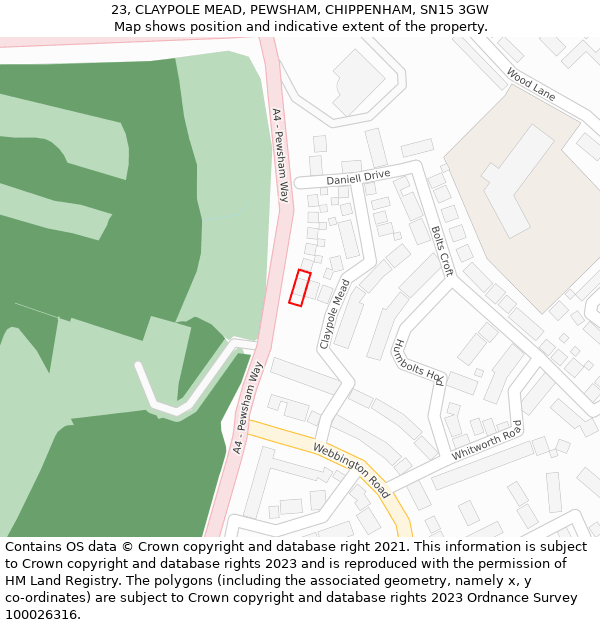 23, CLAYPOLE MEAD, PEWSHAM, CHIPPENHAM, SN15 3GW: Location map and indicative extent of plot