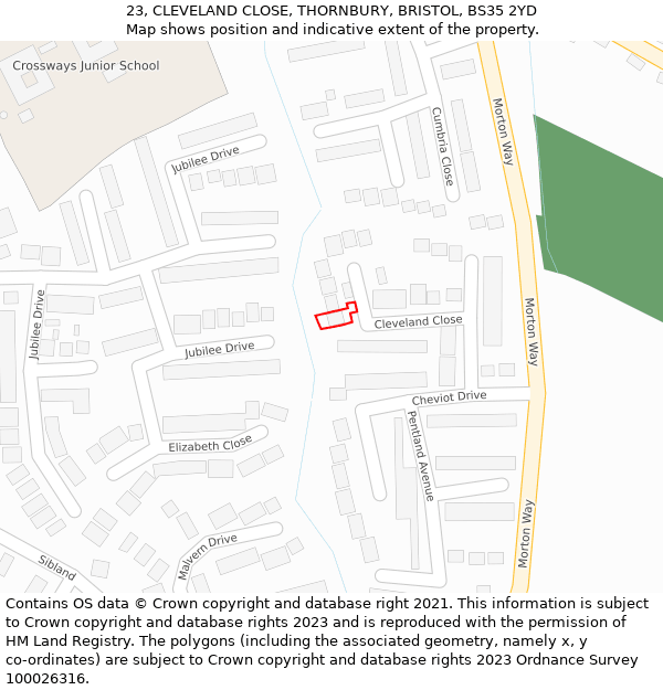 23, CLEVELAND CLOSE, THORNBURY, BRISTOL, BS35 2YD: Location map and indicative extent of plot