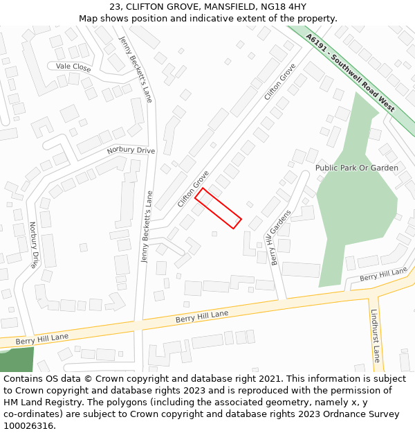 23, CLIFTON GROVE, MANSFIELD, NG18 4HY: Location map and indicative extent of plot