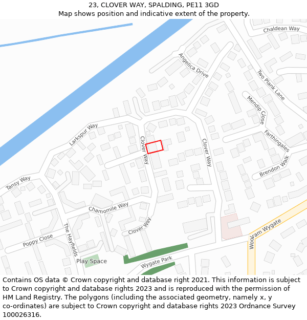 23, CLOVER WAY, SPALDING, PE11 3GD: Location map and indicative extent of plot