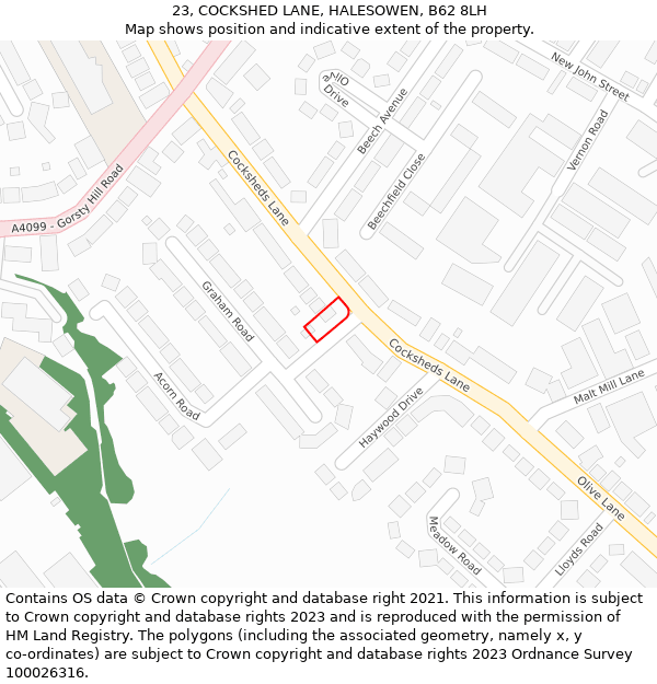 23, COCKSHED LANE, HALESOWEN, B62 8LH: Location map and indicative extent of plot