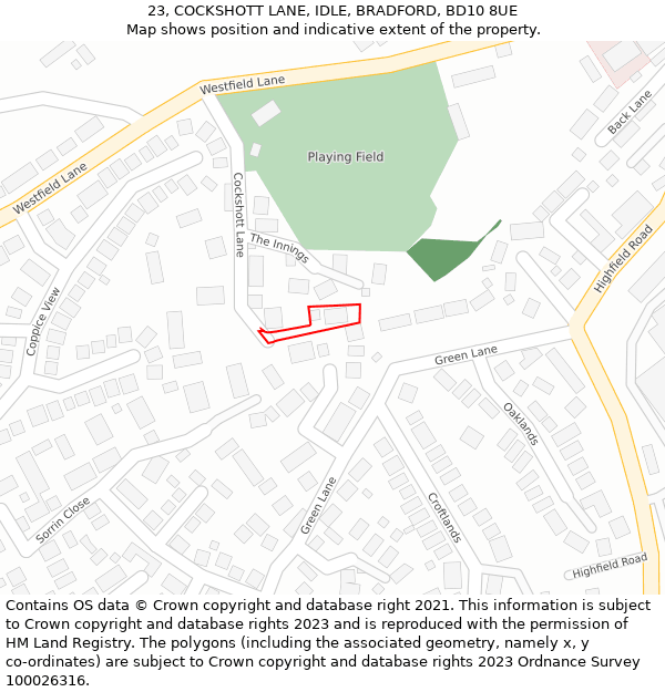 23, COCKSHOTT LANE, IDLE, BRADFORD, BD10 8UE: Location map and indicative extent of plot