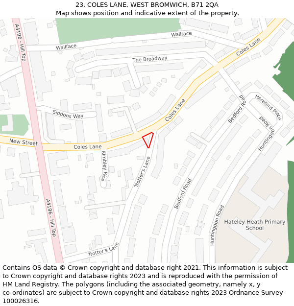 23, COLES LANE, WEST BROMWICH, B71 2QA: Location map and indicative extent of plot
