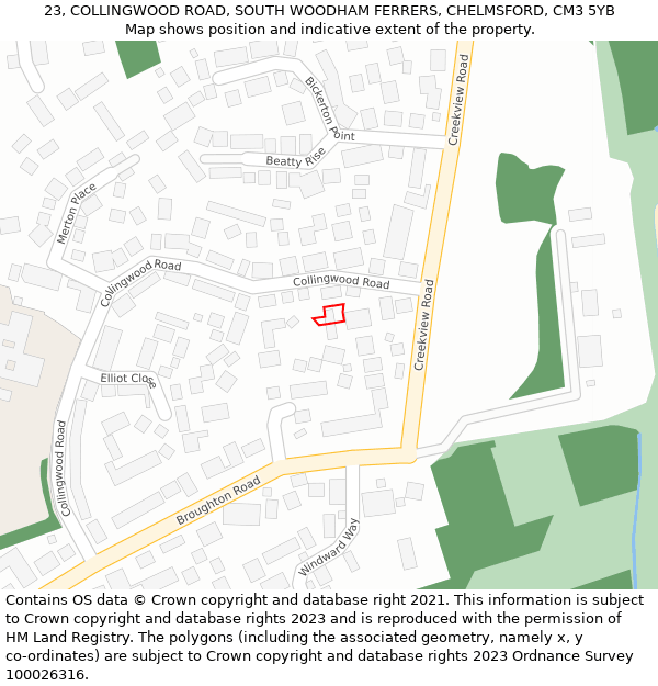 23, COLLINGWOOD ROAD, SOUTH WOODHAM FERRERS, CHELMSFORD, CM3 5YB: Location map and indicative extent of plot