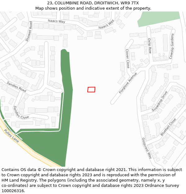 23, COLUMBINE ROAD, DROITWICH, WR9 7TX: Location map and indicative extent of plot