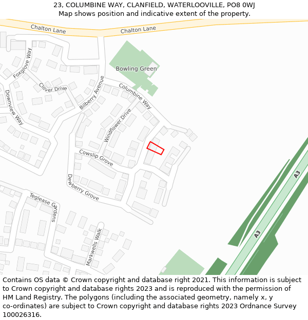 23, COLUMBINE WAY, CLANFIELD, WATERLOOVILLE, PO8 0WJ: Location map and indicative extent of plot