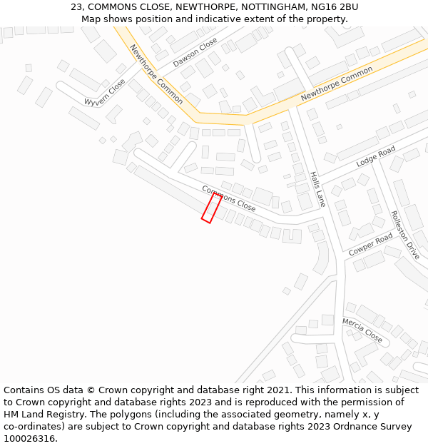 23, COMMONS CLOSE, NEWTHORPE, NOTTINGHAM, NG16 2BU: Location map and indicative extent of plot