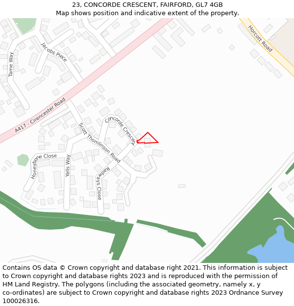 23, CONCORDE CRESCENT, FAIRFORD, GL7 4GB: Location map and indicative extent of plot