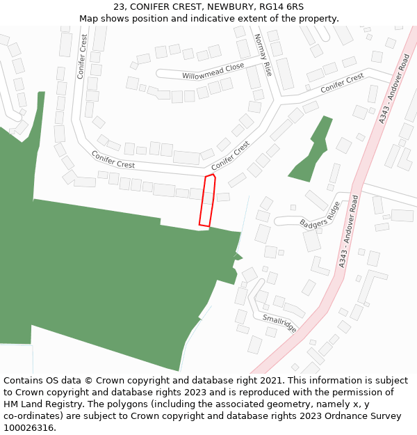 23, CONIFER CREST, NEWBURY, RG14 6RS: Location map and indicative extent of plot