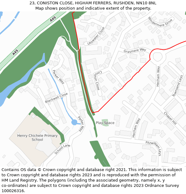 23, CONISTON CLOSE, HIGHAM FERRERS, RUSHDEN, NN10 8NL: Location map and indicative extent of plot