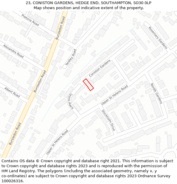 23, CONISTON GARDENS, HEDGE END, SOUTHAMPTON, SO30 0LP: Location map and indicative extent of plot