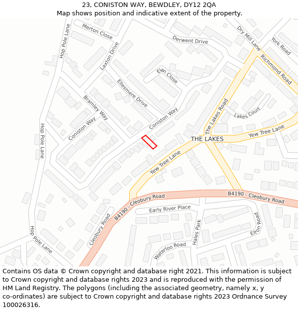 23, CONISTON WAY, BEWDLEY, DY12 2QA: Location map and indicative extent of plot