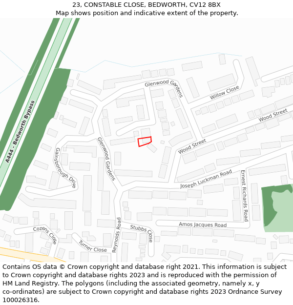 23, CONSTABLE CLOSE, BEDWORTH, CV12 8BX: Location map and indicative extent of plot