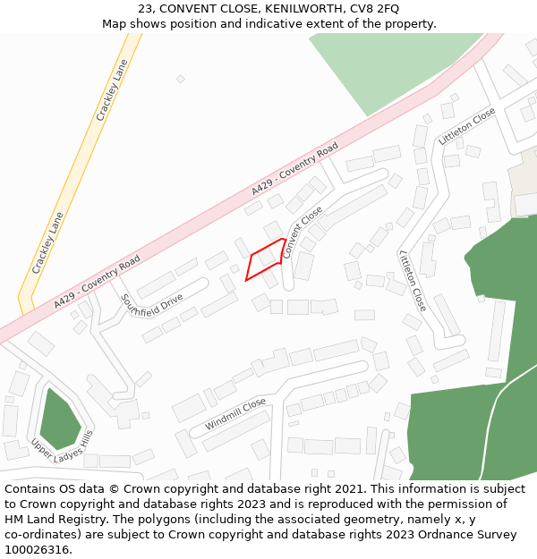 23, CONVENT CLOSE, KENILWORTH, CV8 2FQ: Location map and indicative extent of plot