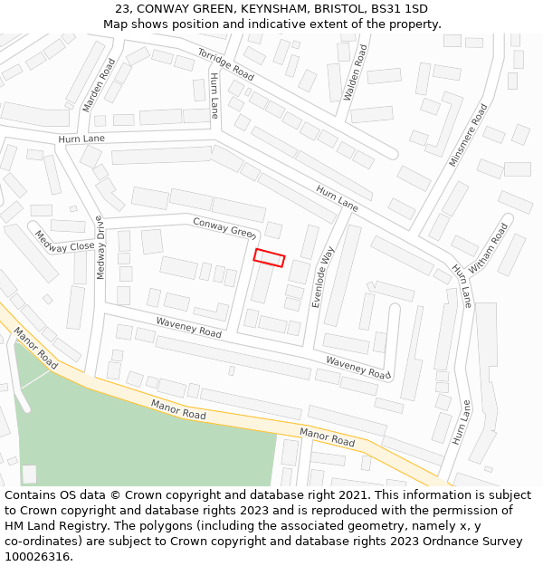 23, CONWAY GREEN, KEYNSHAM, BRISTOL, BS31 1SD: Location map and indicative extent of plot