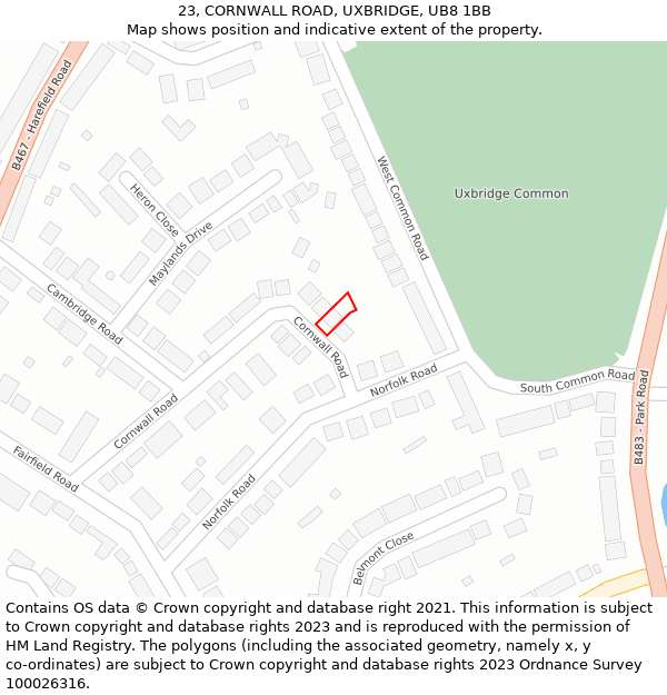 23, CORNWALL ROAD, UXBRIDGE, UB8 1BB: Location map and indicative extent of plot