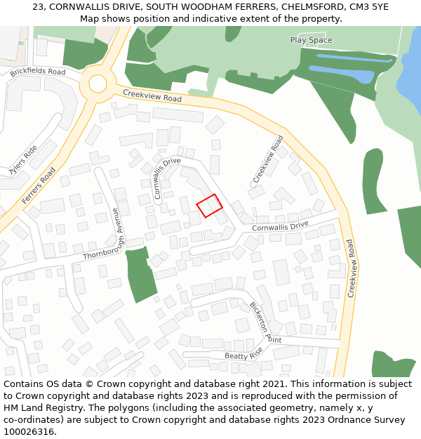 23, CORNWALLIS DRIVE, SOUTH WOODHAM FERRERS, CHELMSFORD, CM3 5YE: Location map and indicative extent of plot