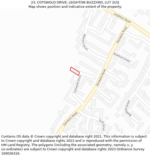 23, COTSWOLD DRIVE, LEIGHTON BUZZARD, LU7 2UQ: Location map and indicative extent of plot