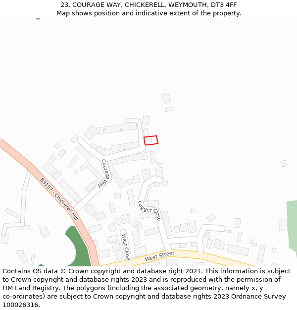 23, COURAGE WAY, CHICKERELL, WEYMOUTH, DT3 4FF: Location map and indicative extent of plot