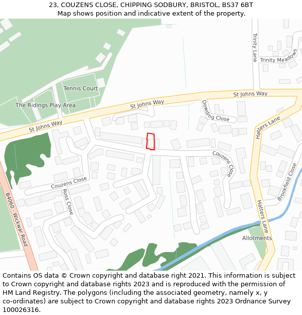 23, COUZENS CLOSE, CHIPPING SODBURY, BRISTOL, BS37 6BT: Location map and indicative extent of plot