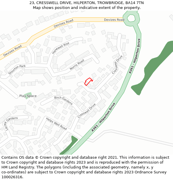 23, CRESSWELL DRIVE, HILPERTON, TROWBRIDGE, BA14 7TN: Location map and indicative extent of plot