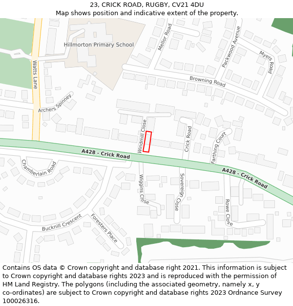 23, CRICK ROAD, RUGBY, CV21 4DU: Location map and indicative extent of plot