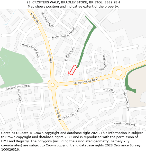 23, CROFTERS WALK, BRADLEY STOKE, BRISTOL, BS32 9BH: Location map and indicative extent of plot