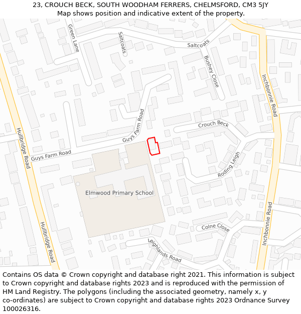 23, CROUCH BECK, SOUTH WOODHAM FERRERS, CHELMSFORD, CM3 5JY: Location map and indicative extent of plot