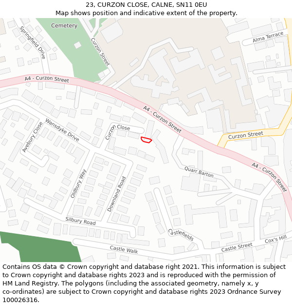 23, CURZON CLOSE, CALNE, SN11 0EU: Location map and indicative extent of plot