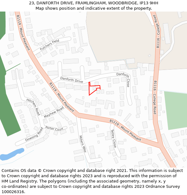 23, DANFORTH DRIVE, FRAMLINGHAM, WOODBRIDGE, IP13 9HH: Location map and indicative extent of plot