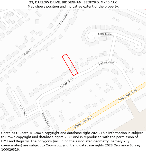 23, DARLOW DRIVE, BIDDENHAM, BEDFORD, MK40 4AX: Location map and indicative extent of plot