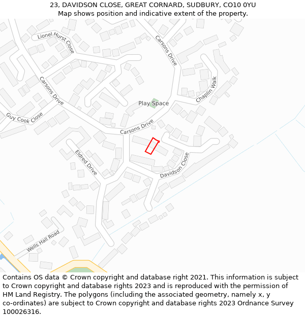 23, DAVIDSON CLOSE, GREAT CORNARD, SUDBURY, CO10 0YU: Location map and indicative extent of plot