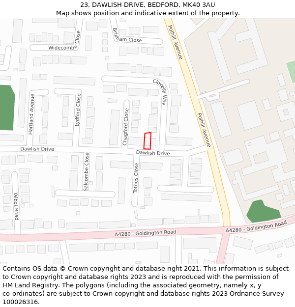 23, DAWLISH DRIVE, BEDFORD, MK40 3AU: Location map and indicative extent of plot