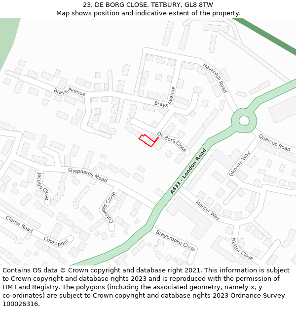 23, DE BORG CLOSE, TETBURY, GL8 8TW: Location map and indicative extent of plot