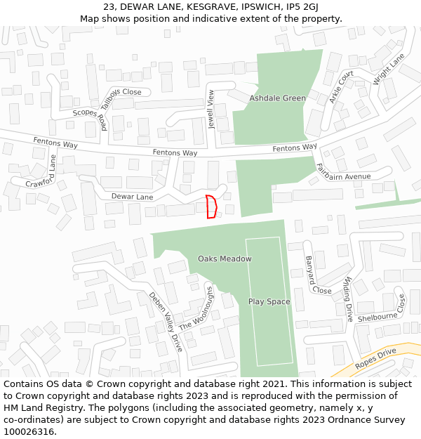 23, DEWAR LANE, KESGRAVE, IPSWICH, IP5 2GJ: Location map and indicative extent of plot