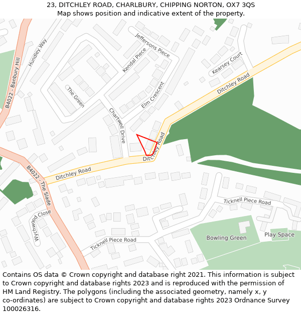 23, DITCHLEY ROAD, CHARLBURY, CHIPPING NORTON, OX7 3QS: Location map and indicative extent of plot