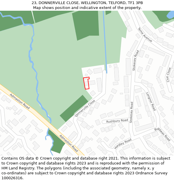 23, DONNERVILLE CLOSE, WELLINGTON, TELFORD, TF1 3PB: Location map and indicative extent of plot
