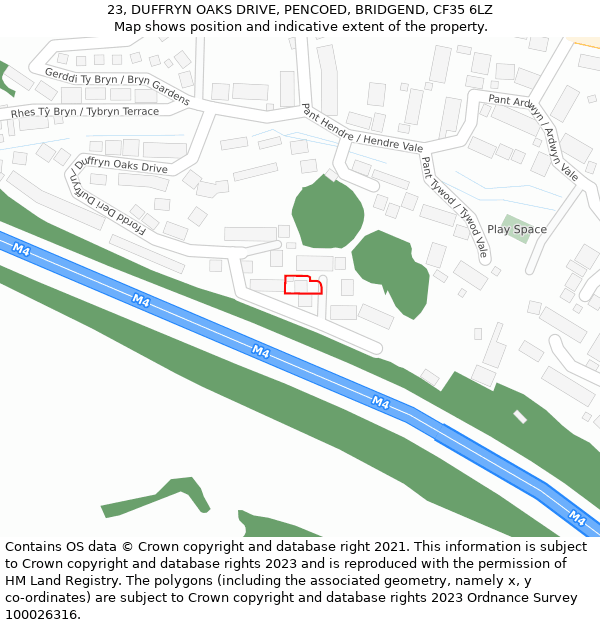 23, DUFFRYN OAKS DRIVE, PENCOED, BRIDGEND, CF35 6LZ: Location map and indicative extent of plot