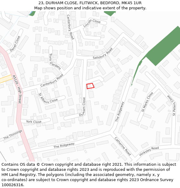 23, DURHAM CLOSE, FLITWICK, BEDFORD, MK45 1UR: Location map and indicative extent of plot