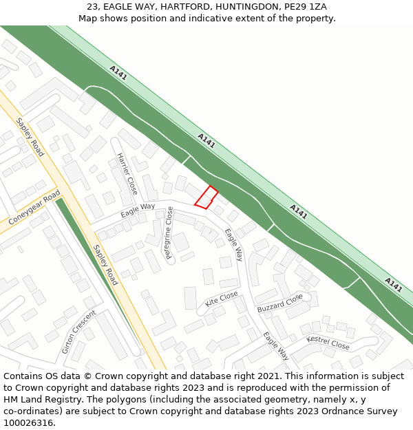 23, EAGLE WAY, HARTFORD, HUNTINGDON, PE29 1ZA: Location map and indicative extent of plot