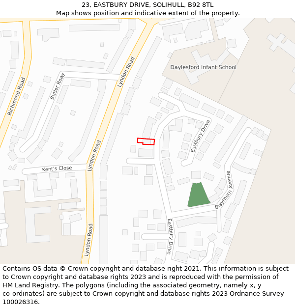 23, EASTBURY DRIVE, SOLIHULL, B92 8TL: Location map and indicative extent of plot