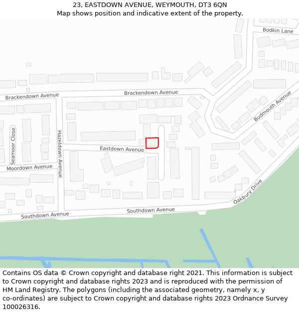 23, EASTDOWN AVENUE, WEYMOUTH, DT3 6QN: Location map and indicative extent of plot