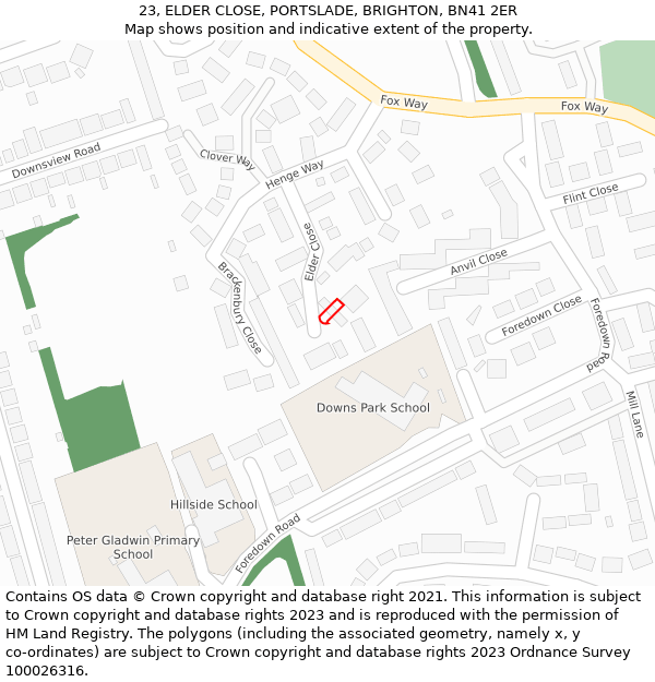 23, ELDER CLOSE, PORTSLADE, BRIGHTON, BN41 2ER: Location map and indicative extent of plot