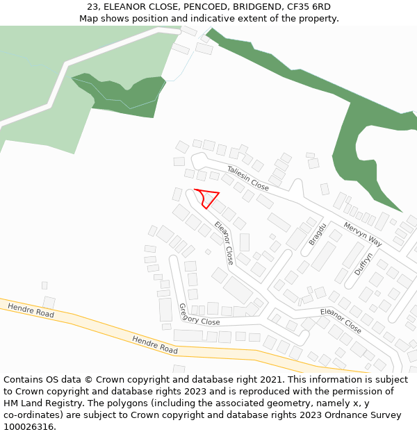 23, ELEANOR CLOSE, PENCOED, BRIDGEND, CF35 6RD: Location map and indicative extent of plot