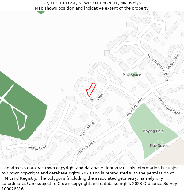 23, ELIOT CLOSE, NEWPORT PAGNELL, MK16 8QS: Location map and indicative extent of plot