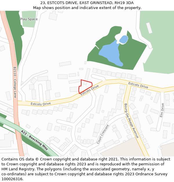 23, ESTCOTS DRIVE, EAST GRINSTEAD, RH19 3DA: Location map and indicative extent of plot