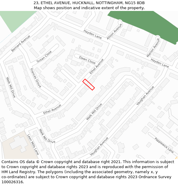 23, ETHEL AVENUE, HUCKNALL, NOTTINGHAM, NG15 8DB: Location map and indicative extent of plot