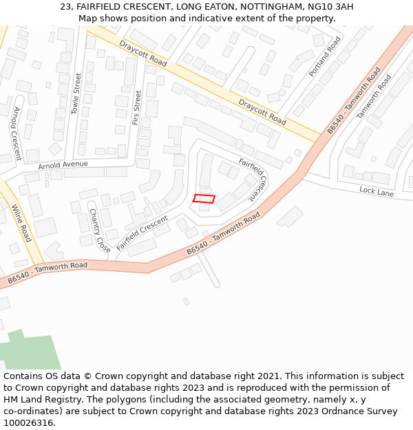23, FAIRFIELD CRESCENT, LONG EATON, NOTTINGHAM, NG10 3AH: Location map and indicative extent of plot